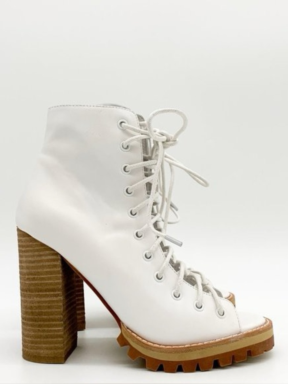 Free People Jeffrey Campbell White Leather Lace Up Open Toe Lug Heel Booties 8.5